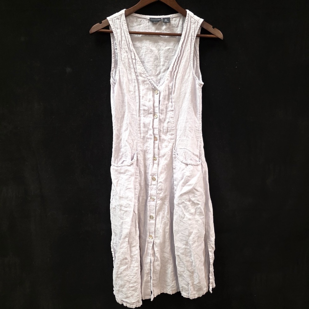 Tahari Womens Button Front Bias Linen Midi Dress Size 2 Purple V Neck Minimalist